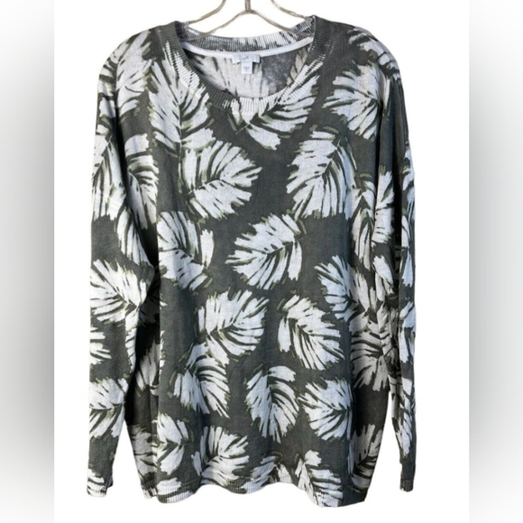 J. Jill pail Green Leaf Print Linen Blend Knit Long Sleeve Sweater oversized XL - Picture 1 of 9